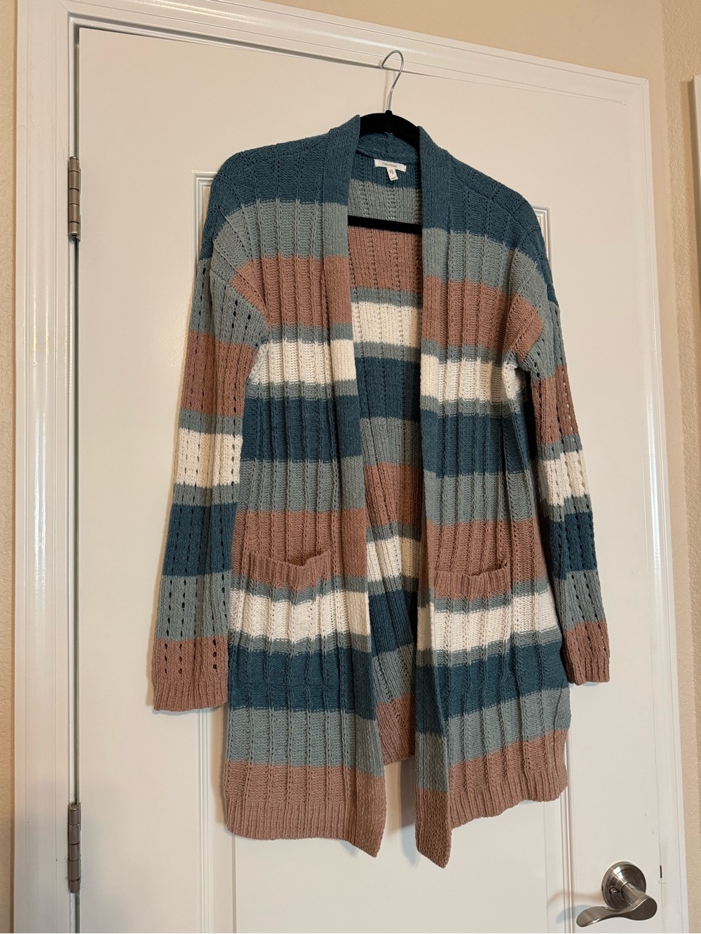 Maurices Open-Front Striped Cardigan - Teal, Brown, Cream